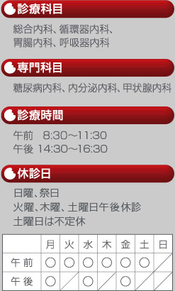 診療科目：総合内科、循環器内科、胃腸内科、呼吸器内科　専門科目：糖尿病内科、内分泌内科、甲状腺内科